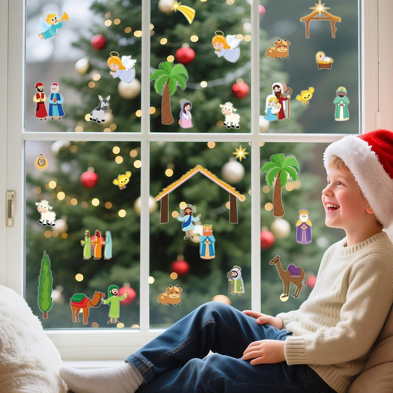MARFOREVER 50 PCS Nativity Christmas Window Clings Stickers, Christmas Religious Gel Stickers Holy Jesus Thick Gel Clings Decals for Gift Toddlers Classroom Xmas Winter New Year Glass Decorations - Image 3